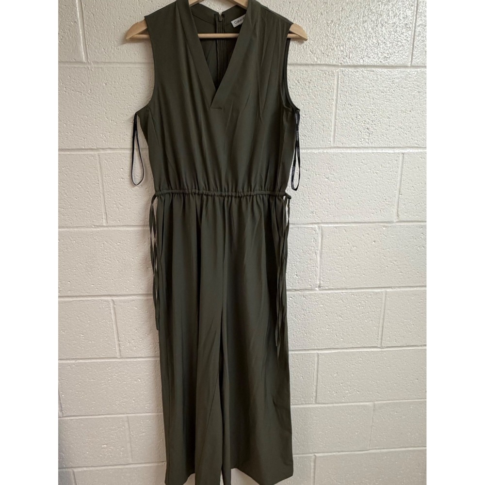 Calvin Klein Women Olive Green Wide Leg Jumpsuit XL Sleeveless V-Neck Utility